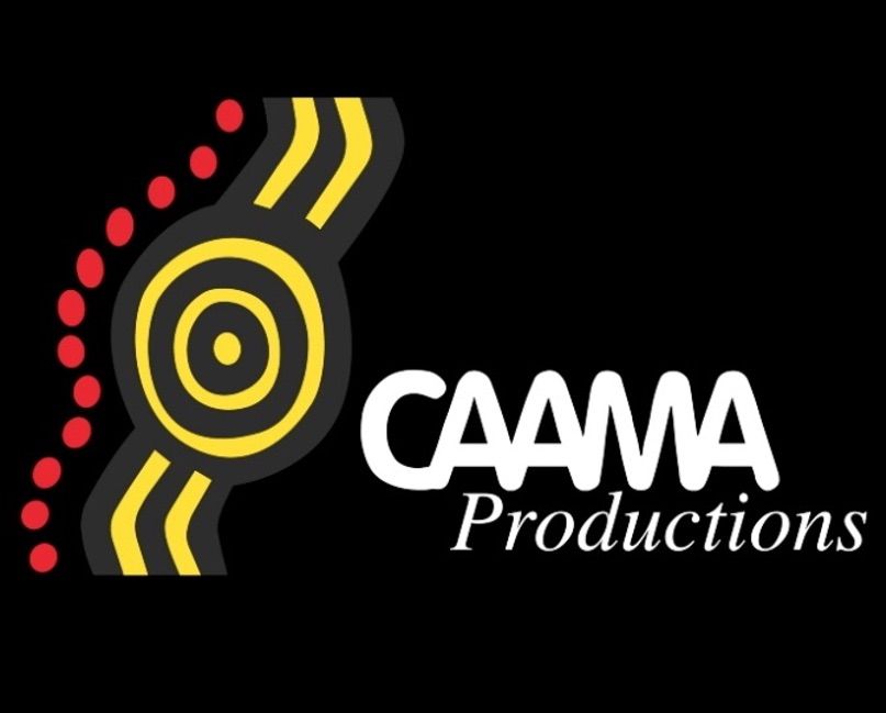 Graphic image of yellow black and red on a black background. Text reads CAAMA Productions..