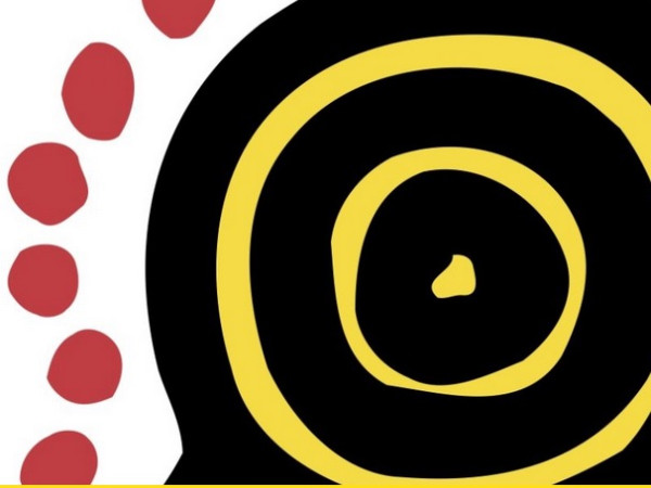 Graphic image of yellow black and red on a white background.